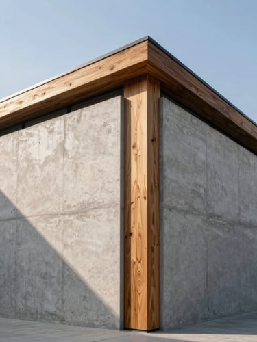 Architectural exterior detail of a modern concrete wall and clean timber joints under crisp afternoon sunlight, casting sharp shadows.