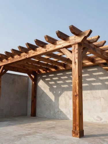 Wide-angle portrait shot of a custom timber pergola against a clear sky, rich cedar wood texture, dramatic architectural shadows