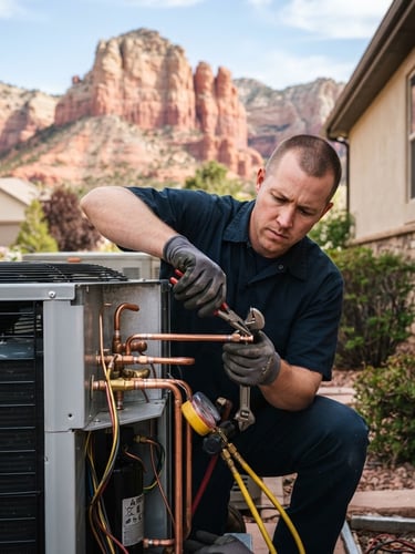 A Castle Rock Cool HVAC technician working on an outdoor condenser unit, focused on clean copper piping, with Castle Rock's distinct red rock backdrop under bright natural daylight.