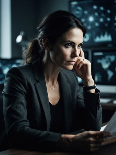 Dramatic, high-contrast editorial portrait of a criminologist, mid-30s, intense gaze, thoughtful analytical pose, side-lit with cool desaturated tones, against a blurred background of abstract data visualizations, tight off-center crop, 35mm film.
