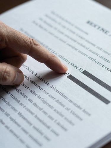 Tight, high-contrast close-up of a hand pointing to a specific, redacted section of a legal document, sharp side-lighting, cool desaturated tones, focus on the document details, 35mm film.