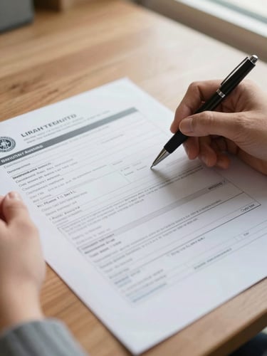 Close-up tight frame of a pair of hands holding a printed visa application form on a wooden desk under bright natural window light, a pen resting across the page, document detail sharp and readable, no faces visible