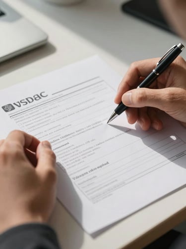 Close-up tight frame of a single person's hands reviewing a printed visa checklist at a desk, a pen resting beside the document, natural daylight from the left casting clean shadows, no face visible