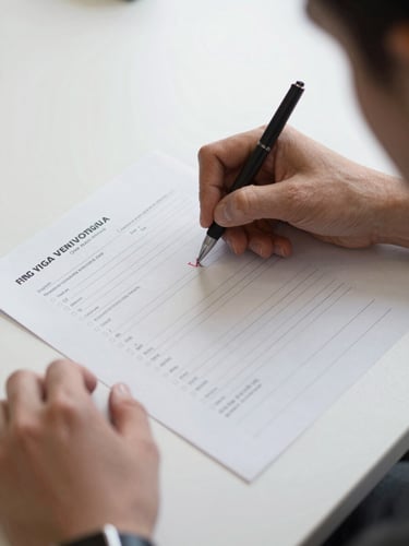 Tight environmental frame: a single person's hands moving down a printed visa checklist at a clean desk, one item being marked with a pen, bright natural daylight from above, no clutter visible beyond the document