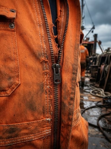 Close-up of double-stitched heavy-duty safety orange boiler suit fabric, steel zippers, industrial maritime setting, overcast daylight, 50mm lens