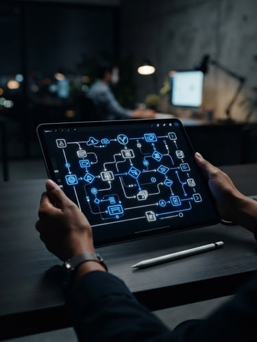Dark-mode tech photography of a modern Mexican office workspace, a tablet showing an active automation flow diagram with glowing electric blue nodes, moody low-key lighting, sharp focus, 35mm