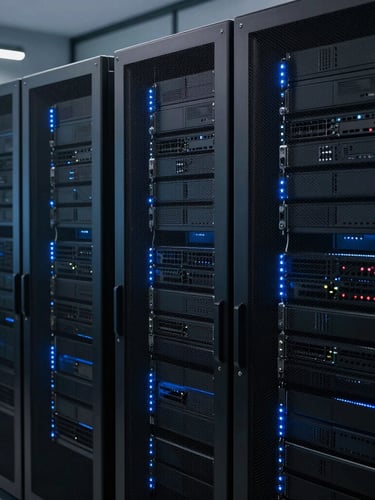 High-tech server racks with subtle blue LED lighting, clean modern workspace, electric blue accent glows, sharp focus, 35mm
