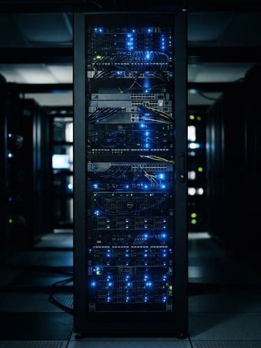 Portrait shot of a sleek server cabinet with glowing electric blue LED indicator lights in a dark high-tech facility, moody low-key lighting, sharp focus, 35mm