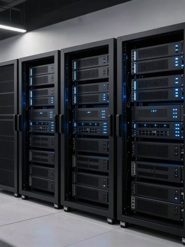Sleek low-key tech workstation in Mexico City, server racks with subtle electric blue LED lighting, clean lines, high-contrast digital agency environment, 35mm
