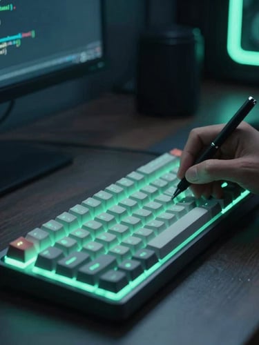 Close-up of a developer writing clean code on a mechanical keyboard, cool-toned low-key office lighting with neon mint accents, 35mm lens