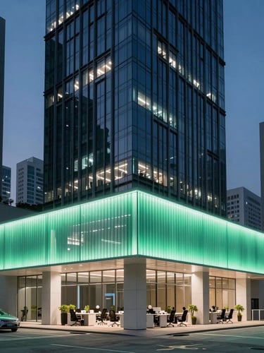 Cinematic wide shot of a modern Hong Kong high-rise workspace at dusk, cool-toned ambient office lighting with sharp neon mint accents, 35mm lens