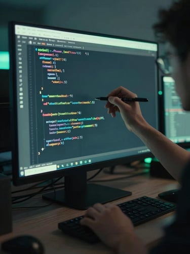 Low-key cinematic photo of a developer writing clean code on a vertical screen, sharp neon mint ambient light, high-contrast tech aesthetic, 35mm lens