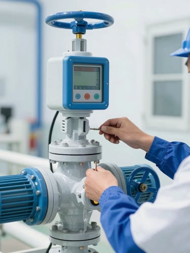 Close-up shot of a technical operator in safety gear adjusting a control valve on a chemical dosing pump, bright clinical daylight, crisp blue and sterile white tones, sharp focus, 35mm lens
