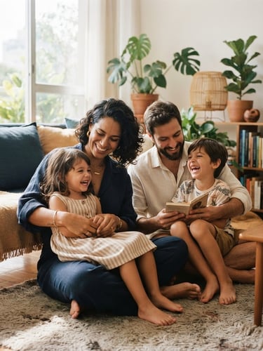 Warm editorial photography of a modern Brazilian family sitting together in a sunlit living room, soft natural daylight, deep navy and warm sand tones, shallow depth of field, authentic.