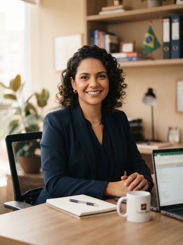 Portrait of a professional Brazilian female insurance broker in a warm sand-toned office, soft natural daylight, smiling reassuringly, medium shot, shallow depth of field