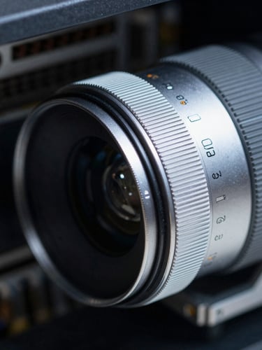Extreme close-up of server hardware with cool silver highlights and deep slate shadows, macro lens perspective.