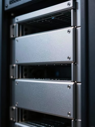 Extreme close-up of high-contrast server rack hardware, sharp silver metallic edges, deep slate shadows, cool low-key studio lighting, terminal interface reflecting on a metallic surface.
