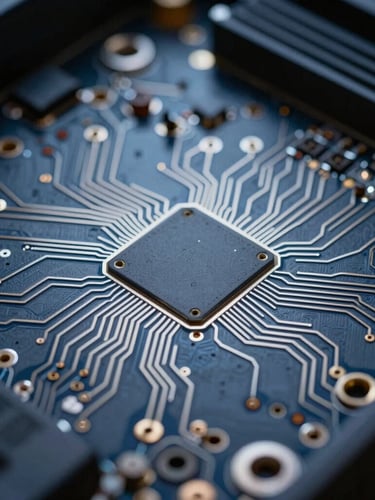 Extreme close-up macro photography of server hardware circuitry, cool low-key studio lighting with sharp silver highlights and deep slate shadows, structured geometric perspective, precise technical detail.