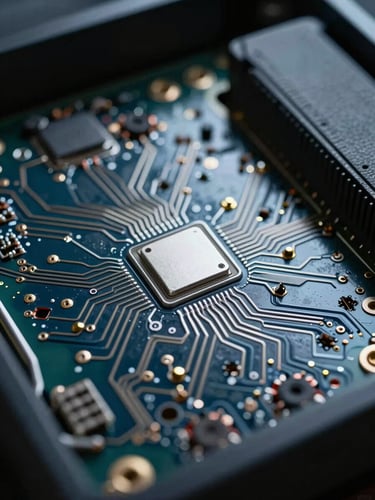 Extreme close-up of server hardware circuitry, sharp silver highlights, deep slate shadows, cool low-key studio lighting, macro perspective.