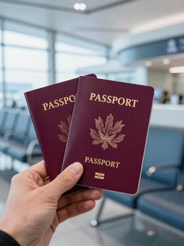Close-up of a traveler holding a passport in a sleek, modern airport lounge, cool blue lighting, sharp focus on travel documents and passports, 35mm lens.