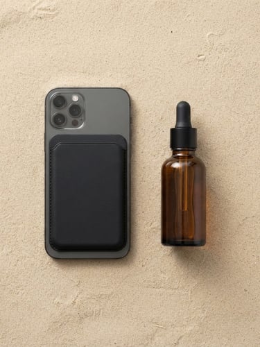 Top-down flat-lay of a minimalist mobile accessory and a clean beauty bottle on a neutral sand background, bright natural window light, soft shadows