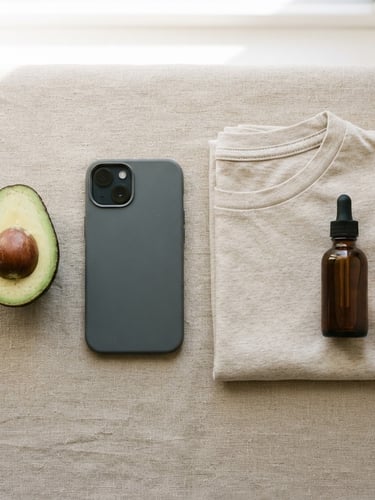 Top-down flat-lay of a single ripe avocado, a sleek matte charcoal phone case, a folded organic cotton t-shirt, and an amber glass beauty oil bottle on a neutral sand background, bright natural window light, soft shadows, 35mm photography
