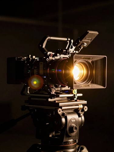 Cinematic camera rig on a dark film set, dramatic golden rim lighting, anamorphic lens flares, shallow depth of field, 35mm