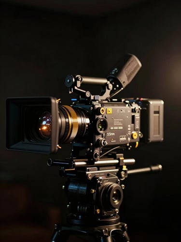 Cinematic film photography, dramatic low-key lighting, deep shadows with gold accents, anamorphic lens flare, 35mm, high-end cinema camera on a dark set