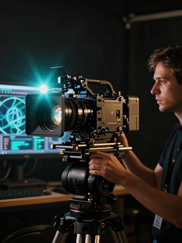 Cinematic portrait shot of a high-end camera rig on a dark film set, glowing anamorphic teal lens flare, professional director looking at a monitor displaying neural network data visualizations, 35mm photography, dramatic low-key lighting, deep shadows with gold accents