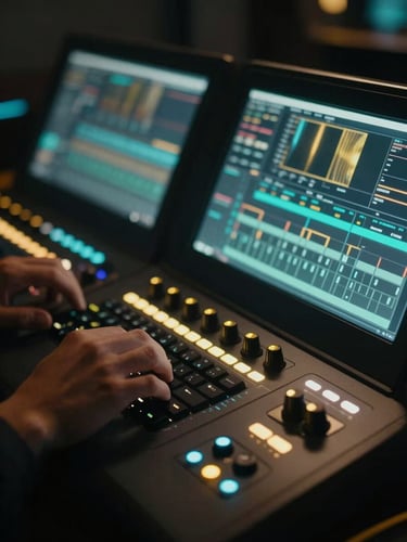 Extreme close-up of a creative director working on a color grading console, glowing screens reflecting teal and gold light, moody atmosphere