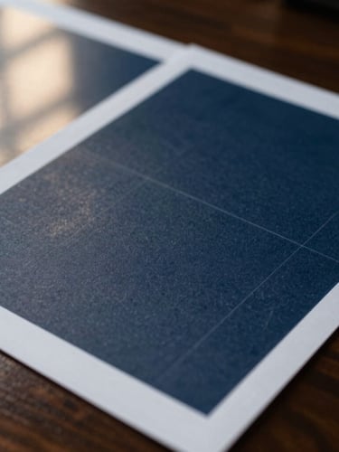 Close-up of high-quality printed financial documents on a dark wooden table, soft natural window light casting elegant shadows, professional editorial style, deep navy tones