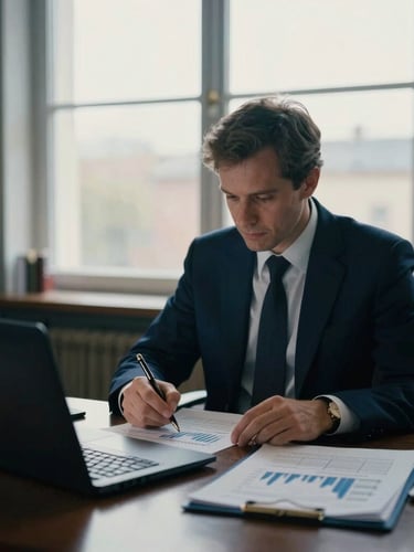 Mains d'un analyste financier en costume ajusté annotant un graphique de flux de trésorerie imprimé, bureau feutré, tons bleu nuit et lumière naturelle rasante.