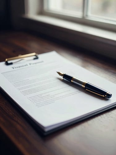 Close-up of premium financial documents on a dark oak desk, soft natural window light, elegant fountain pen, professional editorial photography