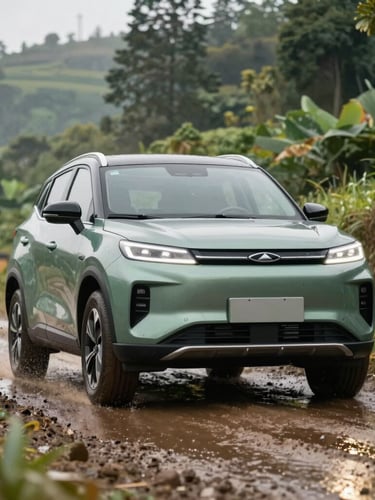 Low-angle heroic shot of the boxy metallic green Chery J6 EV traversing a wet, muddy trail in the lush Sentul hills, dramatic morning light reflecting off its sharp LED headlights, splash of water.