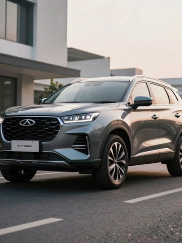 Low-angle heroic shot of Chery Tiggo 8 Pro Max parked on a quiet, modern street in Sentul, Bogor, soft morning light reflecting off the deep metallic paint, clean composition.