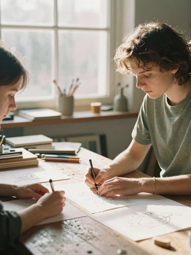 A warm environmental portrait of two designers reviewing sketches at a weathered wooden workshop table, soft golden hour sunbeams filtering through a studio window, shallow depth of field, 35mm film.