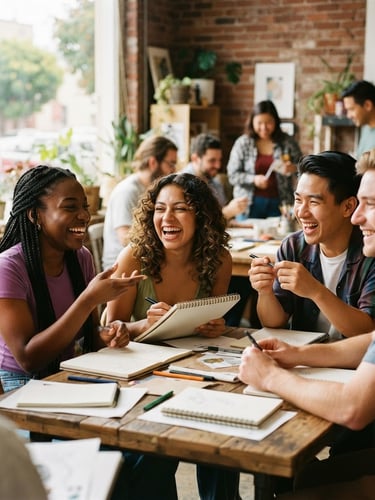 Candid photograph of diverse young adults laughing and engaged in an interactive group workshop, warm natural window light, shallow depth of field, vibrant inclusive tones, Oakland community space.