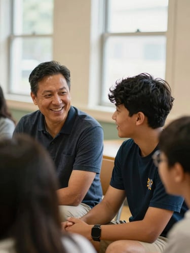 Medium close-up portrait of a mentor guiding a youth during a group discussion, both smiling and engaged, warm natural light, Oakland community center backdrop.