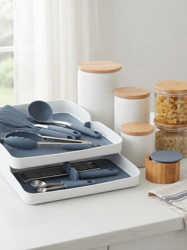 Bright high-key product photography of neatly stacked minimalist storage organizers and kitchen tools on a clean white countertop, soft natural window light, slate blue accents