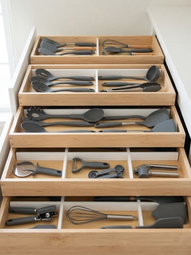 Straight-on eye-level shot of neatly organized kitchen drawers with unbranded gray silicone utensils, soft natural daylight, clean white background.