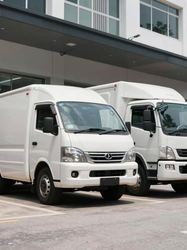 Low-angle shot of a clean commercial 4x4 vehicle and a 3-ton lorry parked side-by-side in front of a modern Malaysian shoplot in Kuala Lumpur, bright natural daylight.