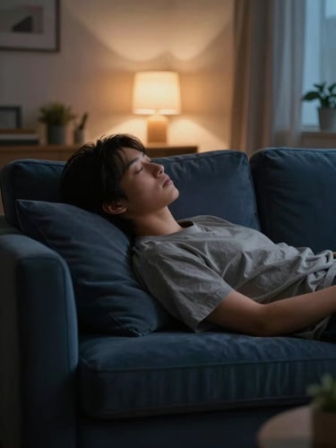 Dimly lit, cozy living room at twilight, a person resting calm and peaceful on a dark blue sofa, soft warm ambient light from a distant lamp, low contrast, gentle on eyes.