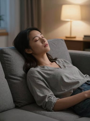 Medium shot of a woman resting calmly on a sofa in a dimly lit living room at twilight, eyes closed in quiet repose, soft ambient lamp light, serene atmosphere.