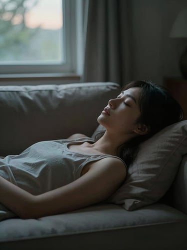 Intimate medium shot of a person resting on a comfortable sofa in a dimly lit room with soft twilight filtering through a window, eyes closed in deep, quiet relief, serene expression, highly diffused low-intensity lighting.