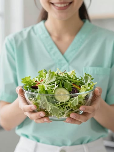 Bright clinical photography, soft natural daylight, a person smiling while holding a bowl of fresh green salad, clean professional setting, 35mm