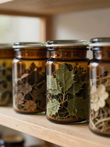 Close-up of elegant amber glass jars containing dried botanicals on a light-wood shelf, soft warm window light, 35mm editorial photography