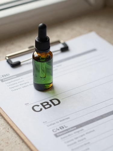 Close-up of a clean printed lab report sheet next to a dropper bottle of CBD oil on a warm stone surface, soft natural light