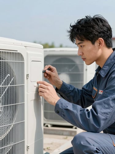 A certified bilingual HVAC technician in a slate blue uniform carefully inspecting an outdoor condenser unit during clear daylight, sharp focus, 35mm