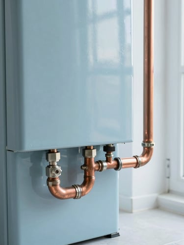 A clean close-up of copper piping and a newly installed furnace unit in a bright basement utility room, cool slate blue tones, sharp focus, 35mm