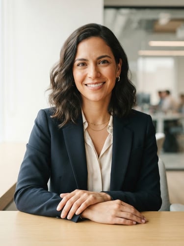 Professional, warm-toned portrait of Ana Moreno, a modern communication strategist, looking confidently at the camera, soft natural daylight, clean minimalist background, 50mm lens, editorial style